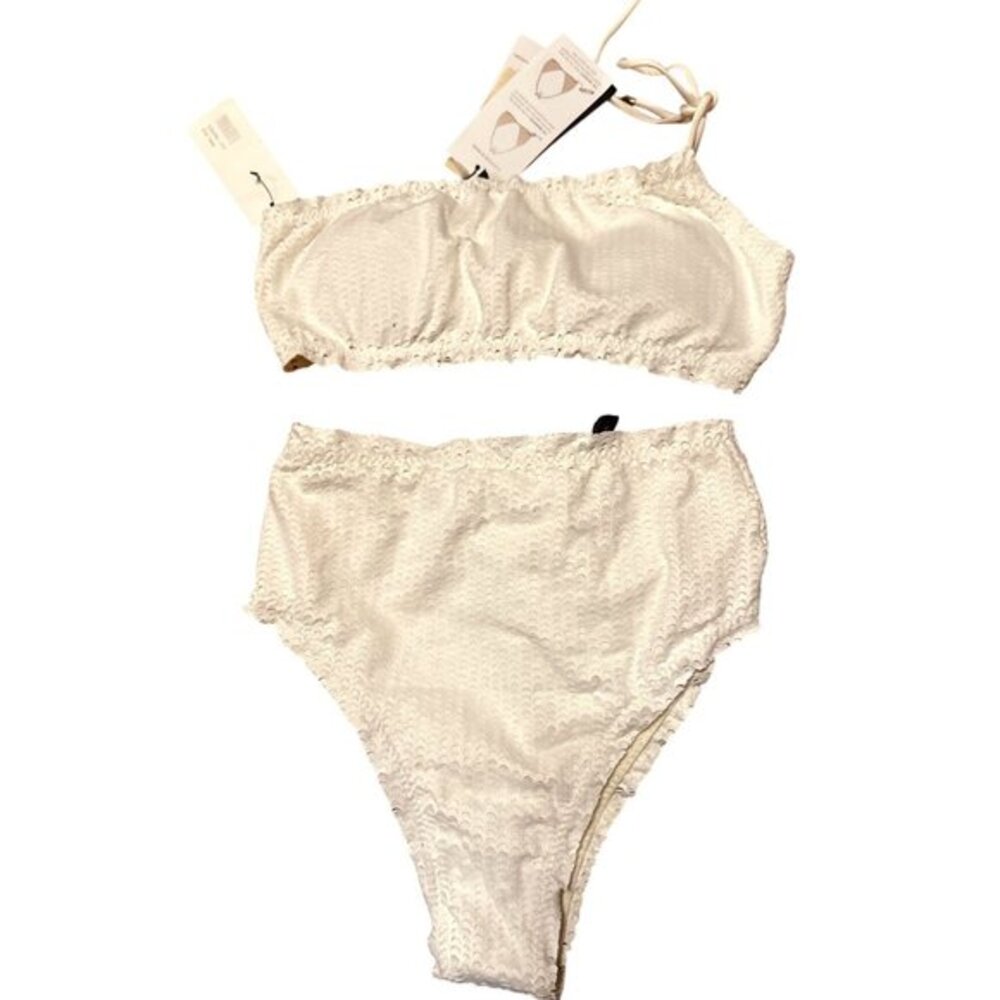 ViX One-Shoulder White Textured Crop Top/Bralette Bikini Gold Hardware XS